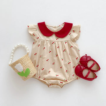 半袖ロンパース Apricot / 66cm 0-6m ベビーロンパース フリルスリーブボディスーツ チェリーさくらんぼプリント アプリコット【mh0005205】
