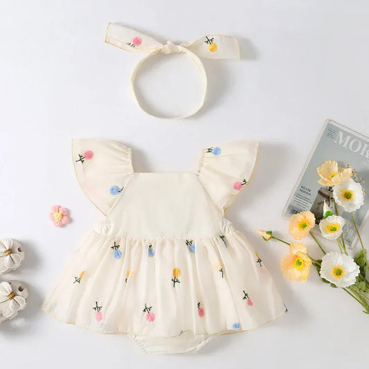 半袖ロンパース Apricot / 66cm 0-6m ベビーロンパース 半袖フレアスリーブスカートボディスーツ フラワー花柄刺繍 リボンヘアバンドセット【mh0005533】