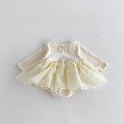 長袖ロンパース Apricot / 66cm 0-6m ベビーロンパース 丸襟チュールチュチュスカート長袖ドレスロンパース アプリコット【mh0007061】