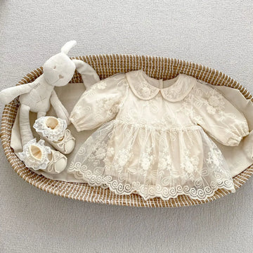 長袖ロンパース Apricot / 66cm 0-6m ベビーロンパース 総レースドレスワンピースボディスーツ ドレスロンパース アプリコット【mh0007152】