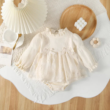 長袖ロンパース Apricot / 66cm 0-6m ベビーロンパース レーススカートリボン長袖ドレスボディスーツ アプリコット【mh0007260】