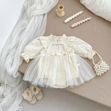 長袖ロンパース Apricot / 66cm 0-6m ベビーロンパース チュチュチュールスカートドッキングエンボスフリル長袖ボディスーツベビードレス アプリコット【mh0007380】