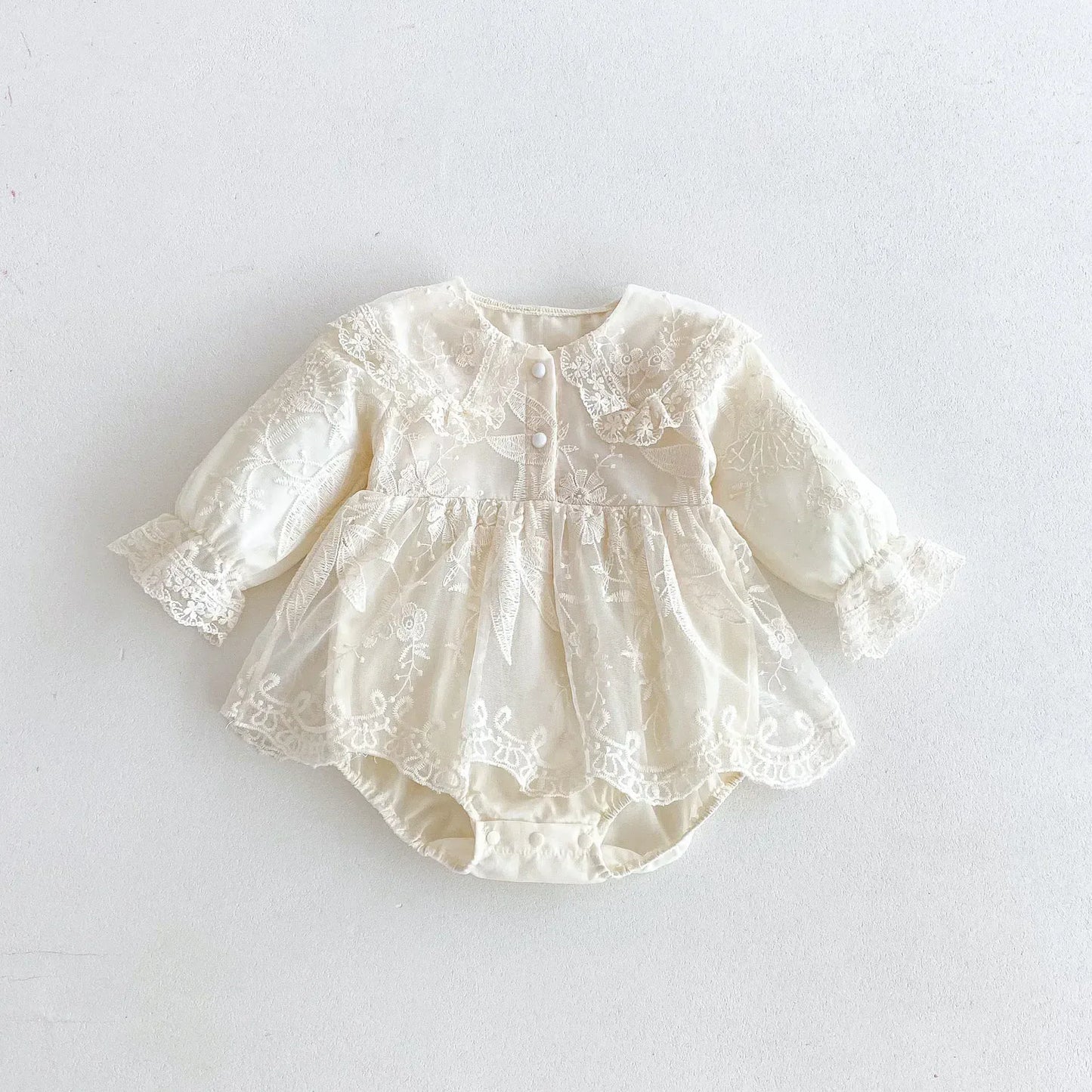 長袖ロンパース Apricot / 66cm 0-6m ベビーロンパース チュチュチュールレーススカートドッキング襟付き長袖ドレスボディスーツ【mh0007401】