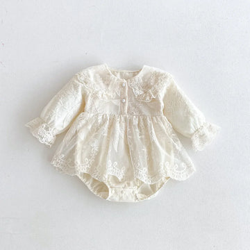 長袖ロンパース Apricot / 66cm 0-6m ベビーロンパース チュチュチュールレーススカートドッキング襟付き長袖ドレスボディスーツ【mh0007401】