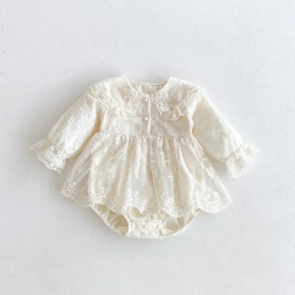 長袖ロンパース Apricot / 66cm 0-6m ベビーロンパース チュチュチュールレーススカートドッキング襟付き長袖ドレスボディスーツ【mh0007401】