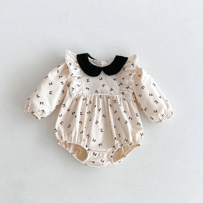 長袖ロンパース Apricot / 66cm 0-6m ベビーロンパース リボンプリントフリル丸襟長袖ボディスーツ【mh0007405】