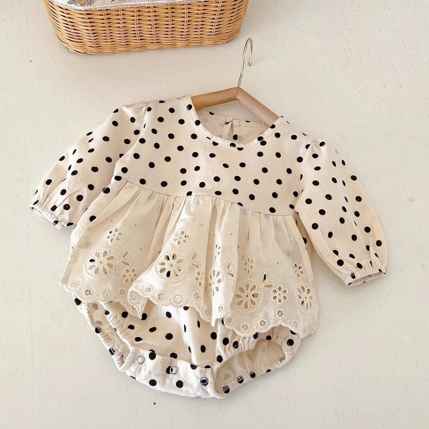 長袖ロンパース Apricot / 66cm 0-6m ベビーロンパース レーススカートドッキング水玉ドットプリント長袖ボディスーツ【mh0007412】