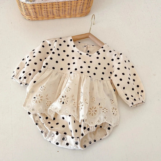 長袖ロンパース Apricot / 66cm 0-6m ベビーロンパース レーススカートドッキング水玉ドットプリント長袖ボディスーツ【mh0007412】