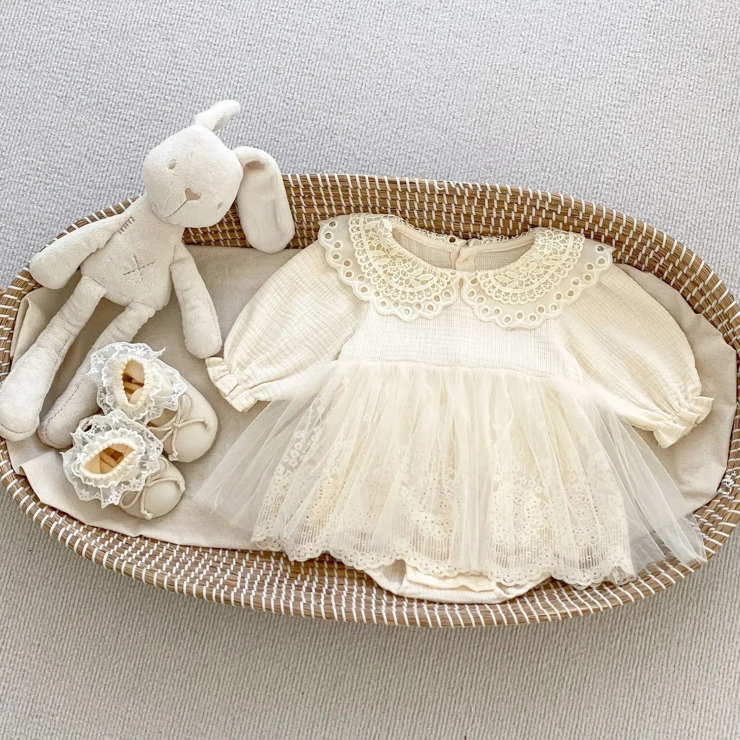 長袖ロンパース Apricot / 66cm 0-6m ベビーロンパース レース襟レーススカートドッキング長袖ボディスーツ セレモニードレス【mh0007460】