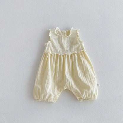 ノースリーブジャンプスーツ Apricot / 66cm ベビーロンパース ノースリーブジャンプスーツ レースフリル 2カラー【mh0006065】