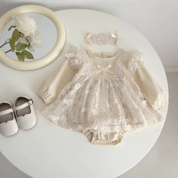 長袖ロンパース Apricot / 66cm ベビー チュール レース スカート ロンパース ヘッドドレス セット【mh0000342】