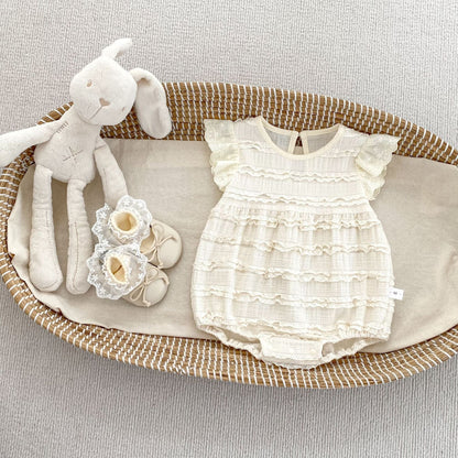 半袖ロンパース Apricot / 66cm レース刺繍フリルスリーブロンパース【mh0009710】