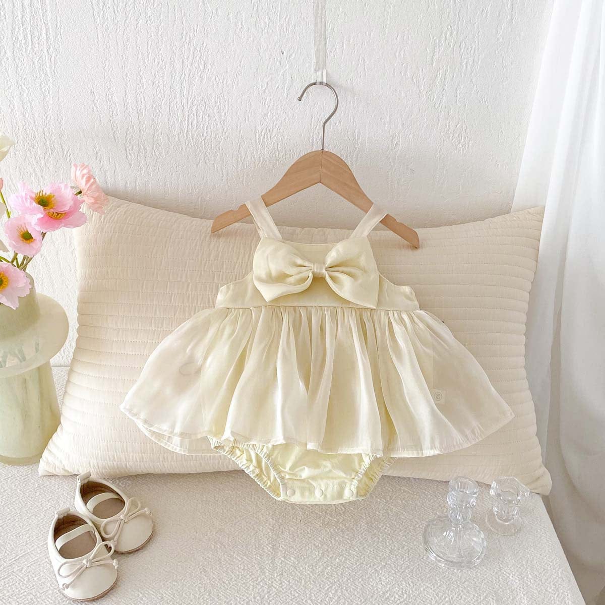 ノースリーブロンパース Apricot / 66cm ビッグリボンシフォンスカートキャミソールドレスロンパース【mh0009772】