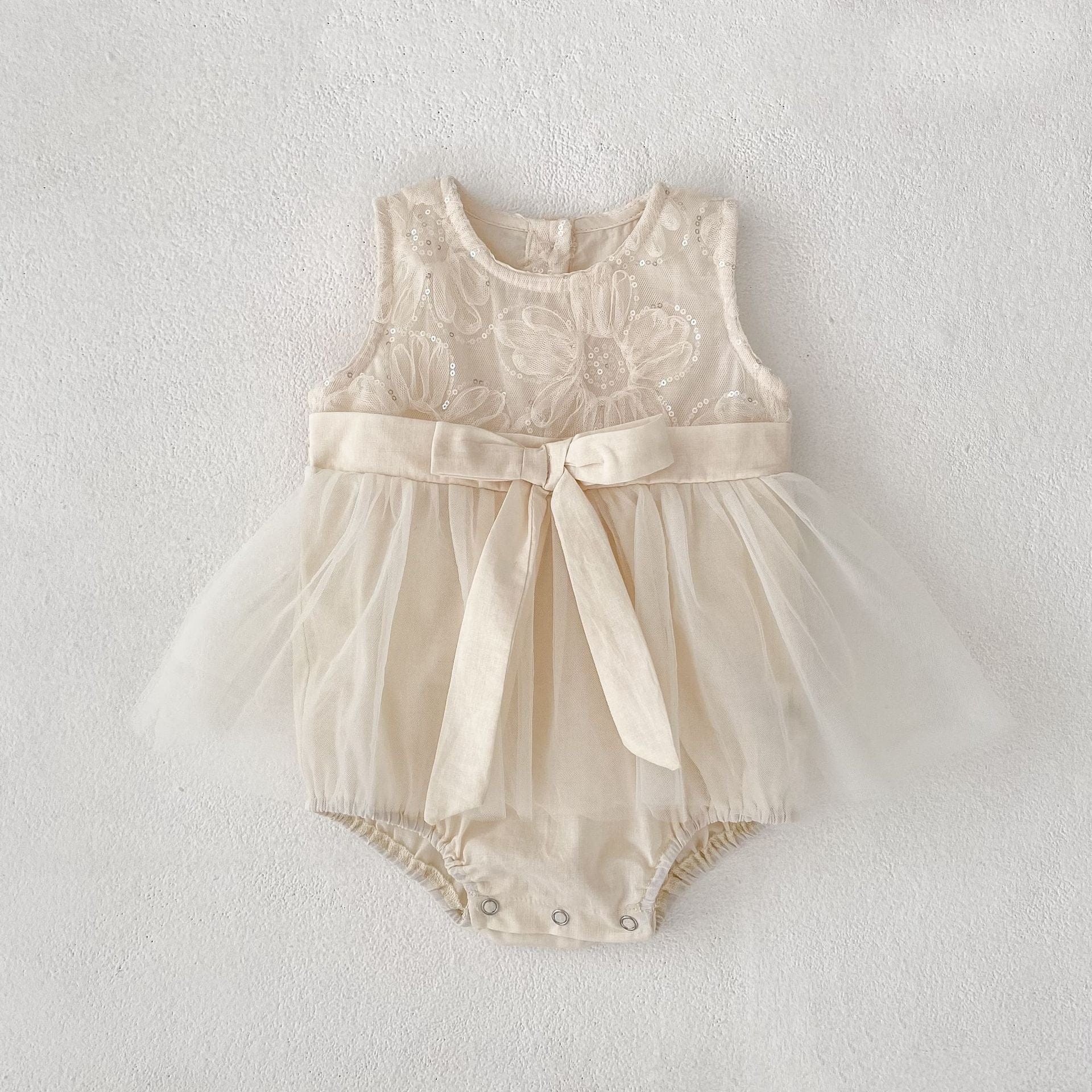 ノースリーブロンパース Apricot / 66cm スパンコールフラワービッグリボンスカートドレスロンパース【mh0010168】