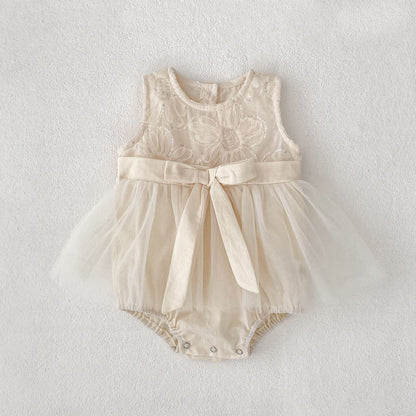 ノースリーブロンパース Apricot / 66cm スパンコールフラワービッグリボンスカートドレスロンパース【mh0010168】