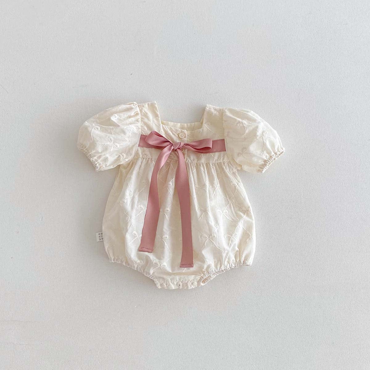 半袖ロンパース Apricot / 66cm ビッグリボン半袖パフスリーブロンパース【mh0010320】