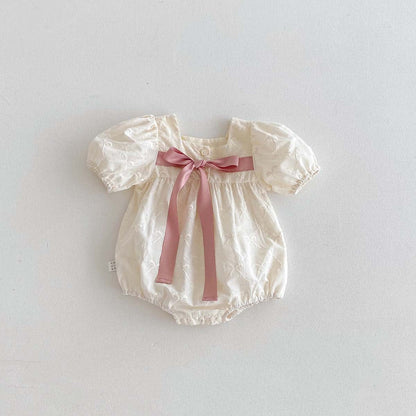 半袖ロンパース Apricot / 66cm ビッグリボン半袖パフスリーブロンパース【mh0010320】