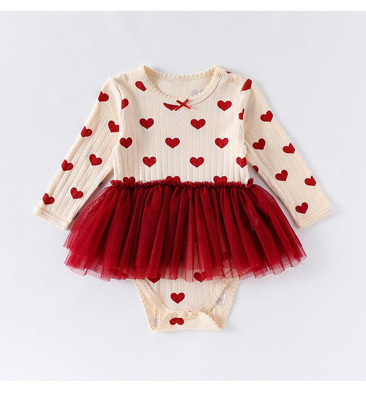 長袖ロンパース Apricot / 66cm ハート/リボンチュールスカートドッキング長袖ロンパース【mh0010720】