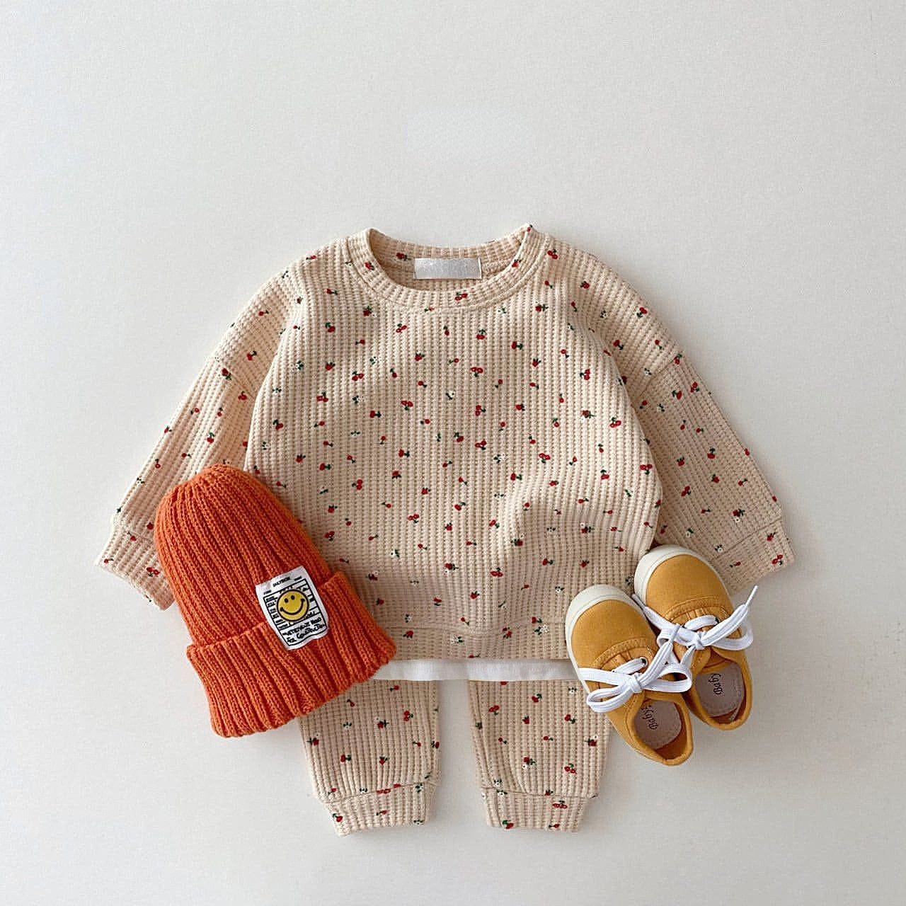 長袖セットアップ apricot / 66cm ☺︎ ベビー セットアップ 長袖Tシャツ パンツ ワッフル 花柄 フラワープリント アプリコット ピンク イエロー 3カラー ユニセックス 男の子 女の子 子供服