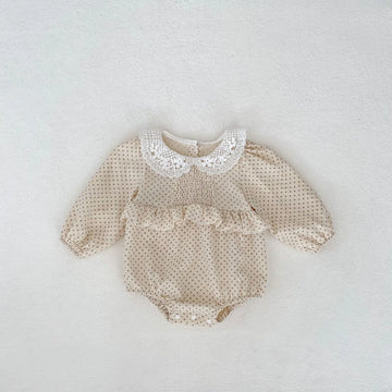 長袖ロンパース apricot / 6M  66cm ベビーロンパース 長袖ボディスーツ ペプラムフリル レース襟 フラワー小花柄プリント アプリコット
