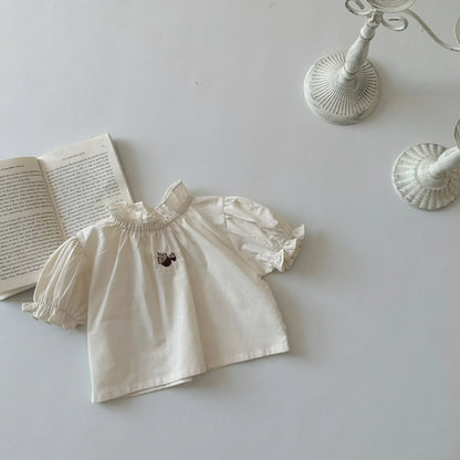 半袖シャツ・ブラウス Apricot / 6M  66CM ベビートップス 半袖パフスリーブ スタンドフリルカラーブラウス どんぐり刺繍ワンポイント 2カラー【mh0005463】