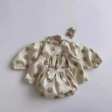 長袖セットアップ Apricot / 6M  66CM ベビーセットアップ 2点セット ローズフラワープリント長袖チュニックブラウス+リボン付きブルマパンツ アプリコット【mh0006716】