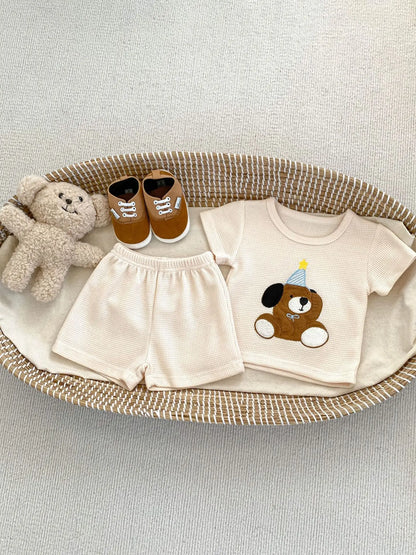 半袖セットアップ apricot / 6M  66cm ベビーセットアップ 2点セット ワッフル 半袖Tシャツ+ショートパンツ 犬ドッグ刺繍 2カラー
