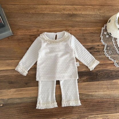 長袖セットアップ Apricot / 6M  66CM ベビーセットアップ 2点セット レースフリル長袖Tシャツ+裾レースフリルパンツ 2カラー【mh0006714】