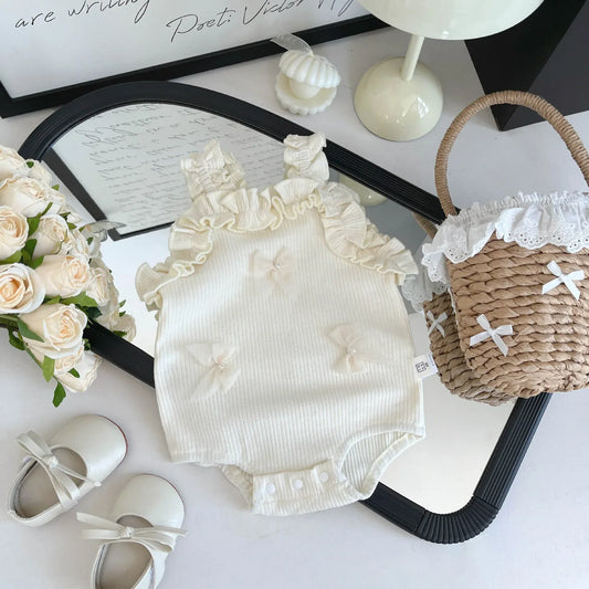 ノースリーブロンパース Apricot / 6M  66CM ベビーロンパース ノースリーブボディスーツ フリル リボン 4カラー【mh0006210】