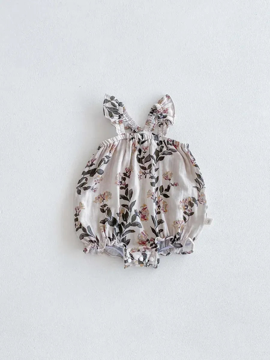 ノースリーブロンパース Apricot / 6M  66CM ベビーロンパース フリルサスペンダーボディスーツ フラワー花柄プリント【mh0006193】