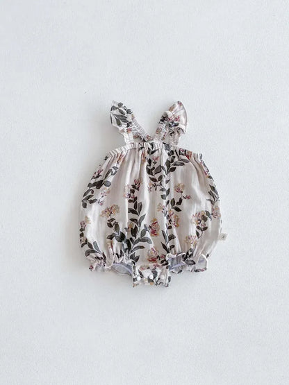 ノースリーブロンパース Apricot / 6M  66CM ベビーロンパース フリルサスペンダーボディスーツ フラワー花柄プリント【mh0006193】