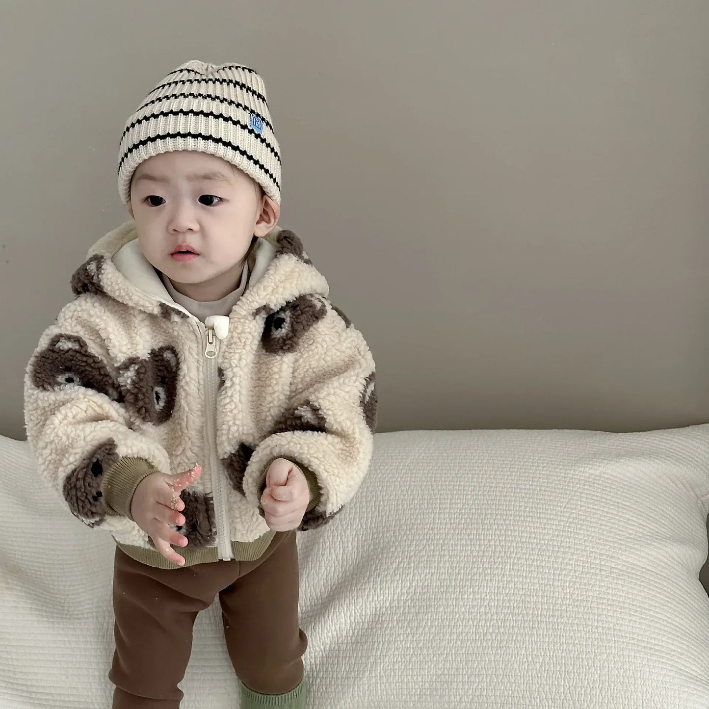 ショートコート・ジャケット・ジャンパー Apricot / 6M  66CM ベビーアウター くま耳フーディベアくま柄ボアフリースジップアップブルゾンジャケット【mh0007826】