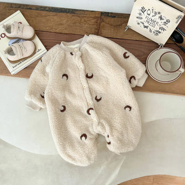 長袖ロンパース Apricot / 6M  66CM ベビーロンパース 月ムーン刺繍ボアフリース長袖ジャンプスーツ【mh0008033】