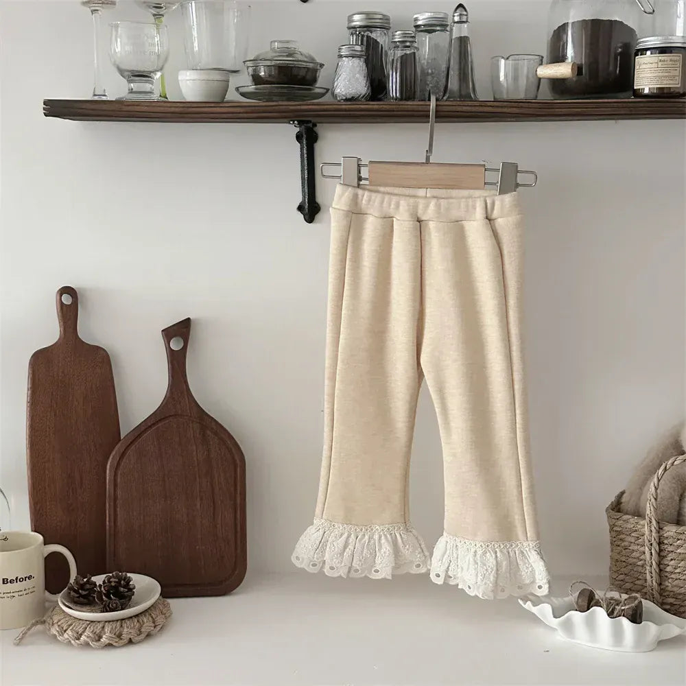 レギンスパンツ Apricot / 6M  66CM ベビーパンツ 裾レース裏フリース厚手ガーリーレギンスパンツ【mh0008092】