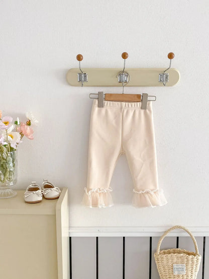 レギンスパンツ Apricot / 6M  66CM ベビーパンツ 裾フリルリボン裏フリースレギンスパンツ【mh0008204】