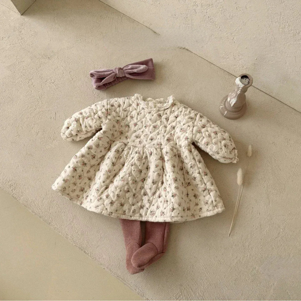 長袖ワンピース apricot / 73cm ベビーキッズ長袖ワンピース キルティング フラワー 花柄プリントワンピース 2カラー ガールズ 女の子 子供服