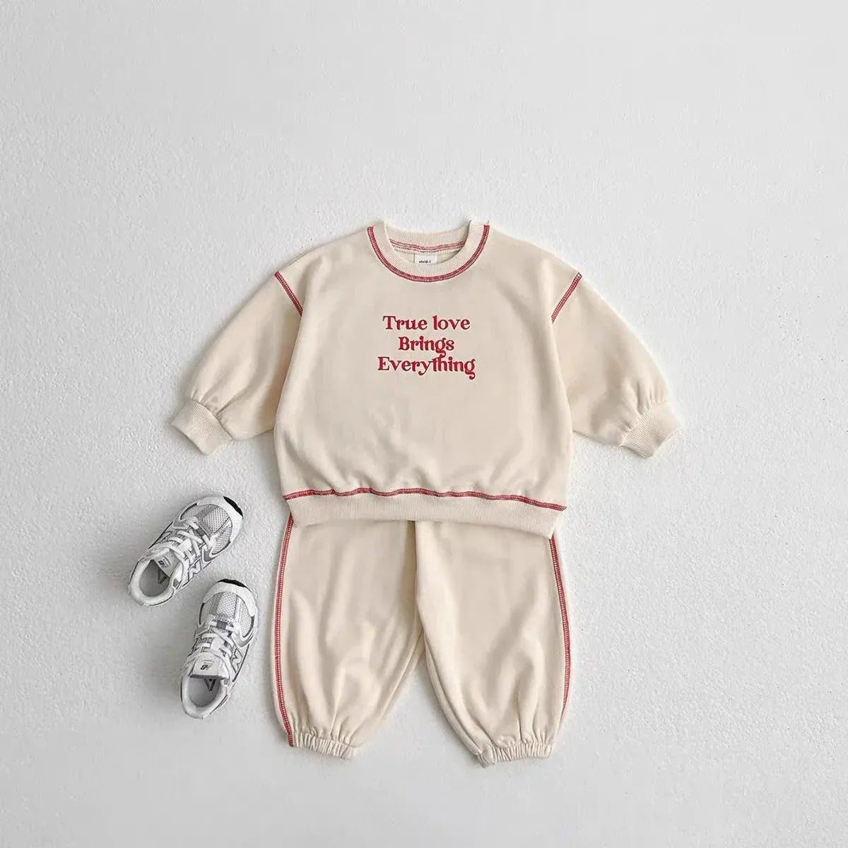 長袖セットアップ Apricot / 73cm 6-9M ベビーキッズセットアップ 2点セット ステッチアクセントレターロゴ刺繍長袖スウェットシャツ+ルーズスウェットパンツ 3カラー【mh0007253】