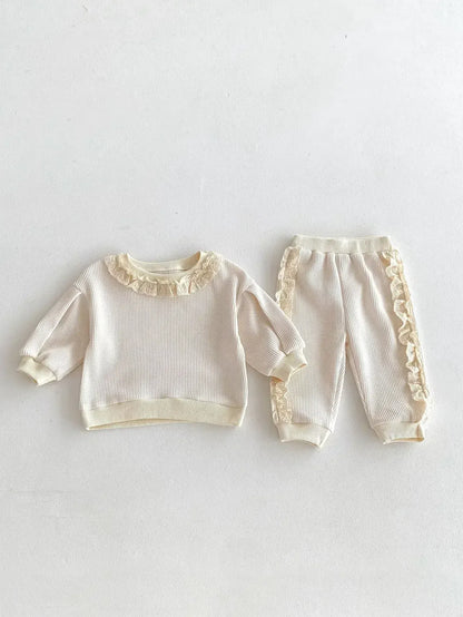 長袖セットアップ Apricot / 73cm 6-9M ベビーキッズセットアップ 2点セット レースフリル長袖Tシャツ+サイドレースフリルロングパンツ 2カラー【mh0007181】