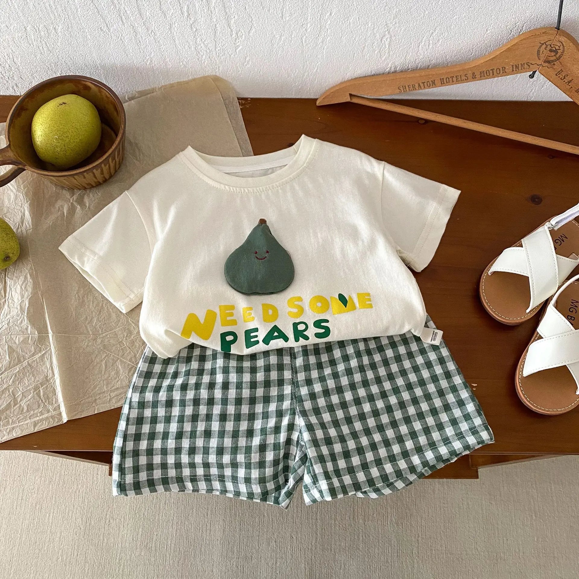 半袖セットアップ Apricot / 73cm 6-9m ベビーキッズセットアップ 2点セット 半袖アップリケTシャツ+チェックショートパンツ フルーツ 3カラー