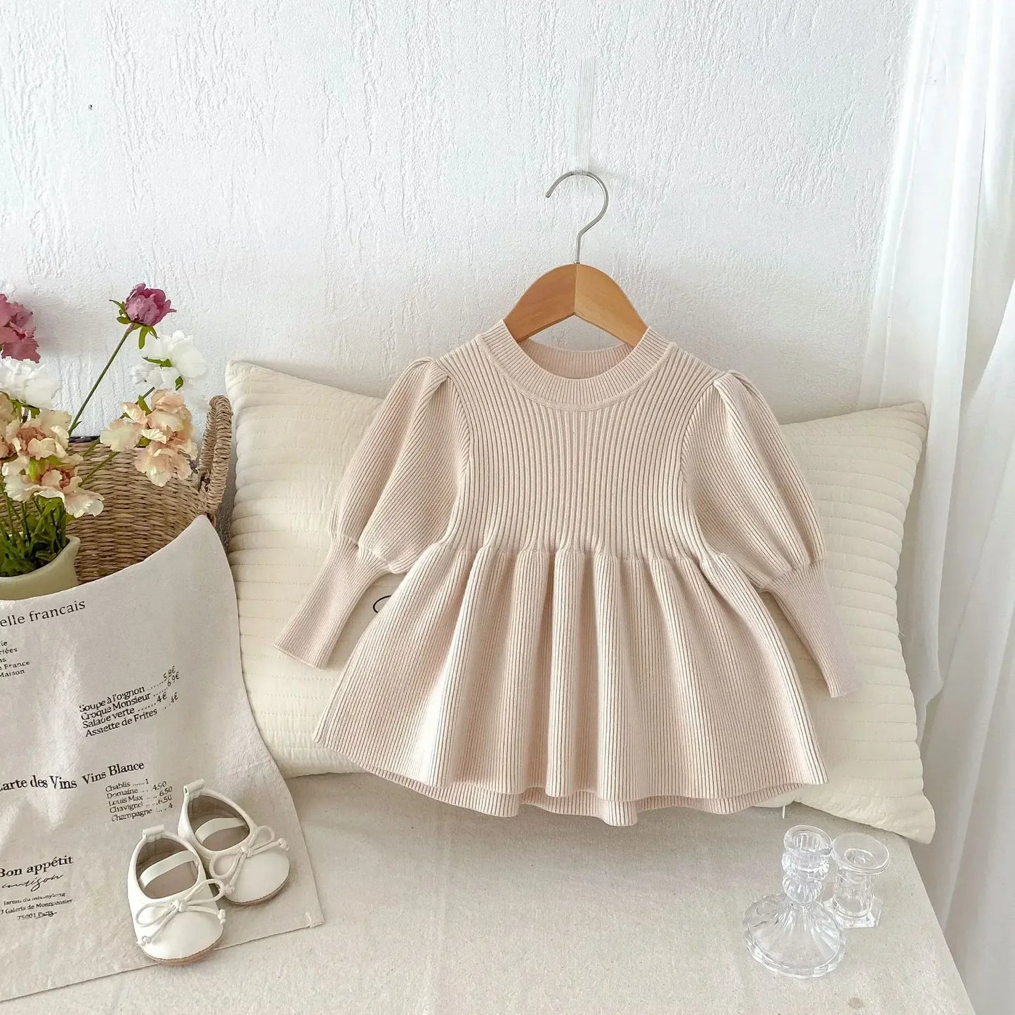 長袖ワンピース Apricot / 73cm 6-9M ベビーキッズワンピース 長袖パフスリーブニットドレスミニワンピース 4カラー【mh0007291】