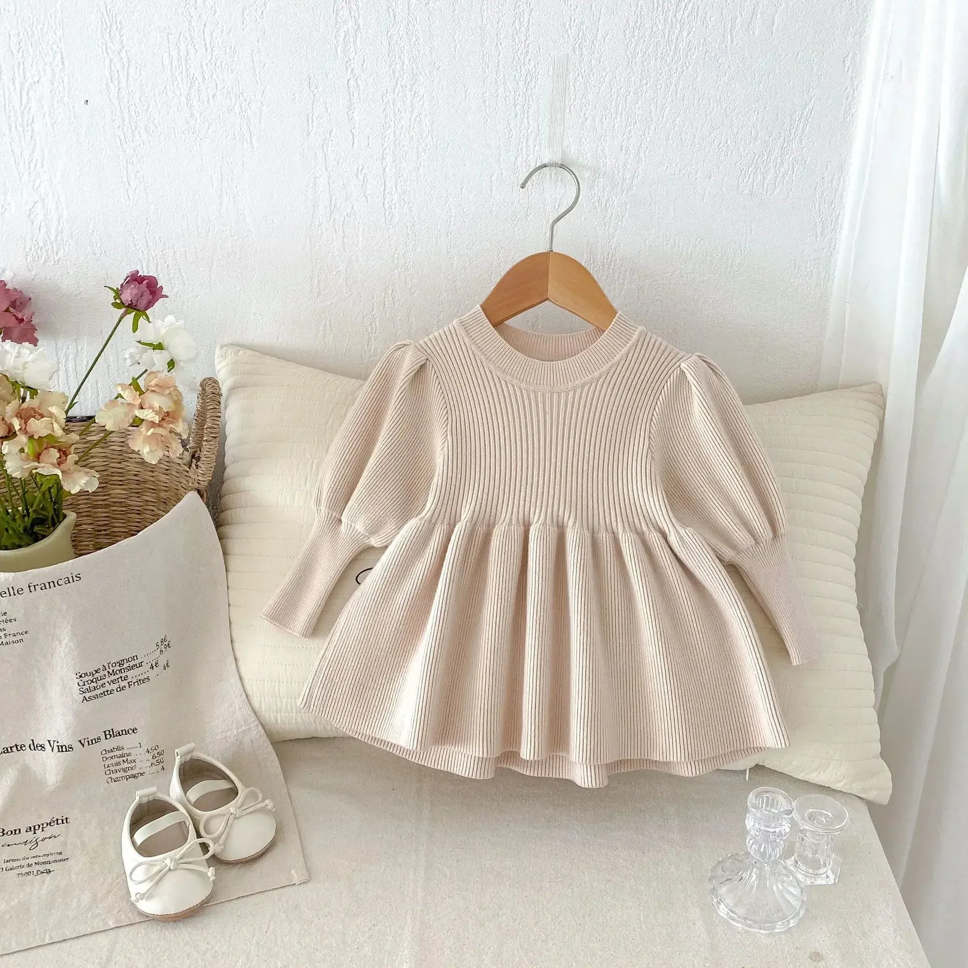 長袖ワンピース Apricot / 73cm 6-9M ベビーキッズワンピース 長袖パフスリーブニットドレスミニワンピース 4カラー【mh0007291】