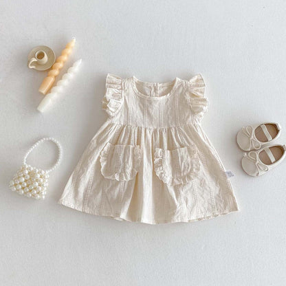 ノースリーブワンピース Apricot / 73cm 刺繍レースポケットフリルスリーブワンピース【mh0009757】