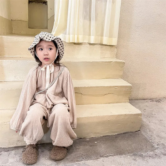 長袖セットアップ apricot / 80cm キッズ セットアップ ナチュラル シンプル ルーズ 長袖 トップス パンツ パジャマ