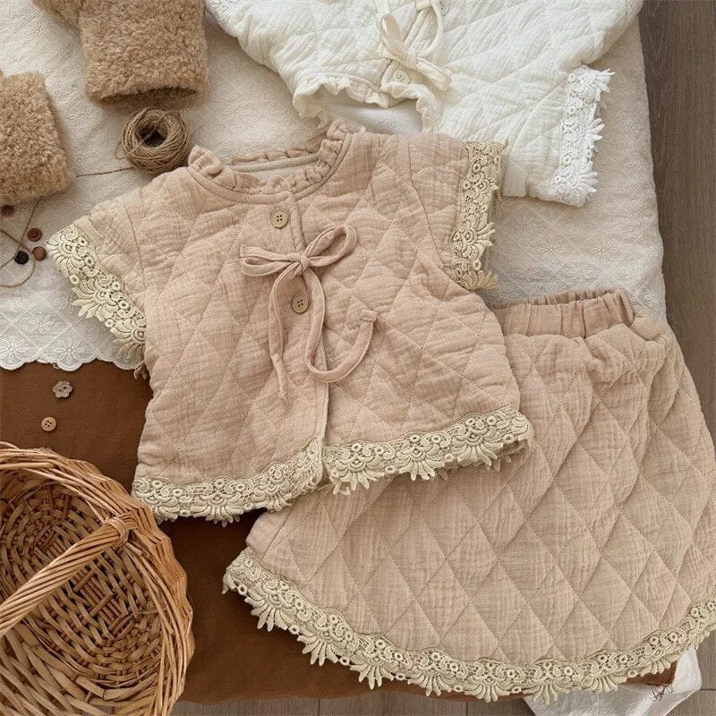 半袖セットアップ apricot / 80cm キッズセットアップ 2点セット キルティング 半袖ジャケット スカート ホワイト アプリコット 2カラー ガールズ 女の子 子供服