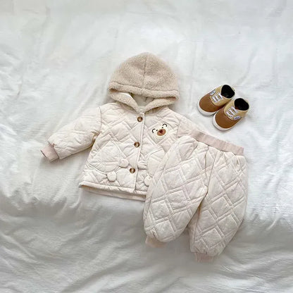 長袖セットアップ Apricot / 80cm ベビーキッズセットアップ 2点セット ベアくまキルティングフーディジャケット+キルティング防寒ロングパンツ 2カラー【mh0007583】