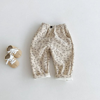 ロングパンツ・スウェットパンツ Apricot / 80cm 9-12M キッズパンツ レオパードヒョウ柄/フラワー花柄プリント裏フリースロングパンツ【mh0007502】