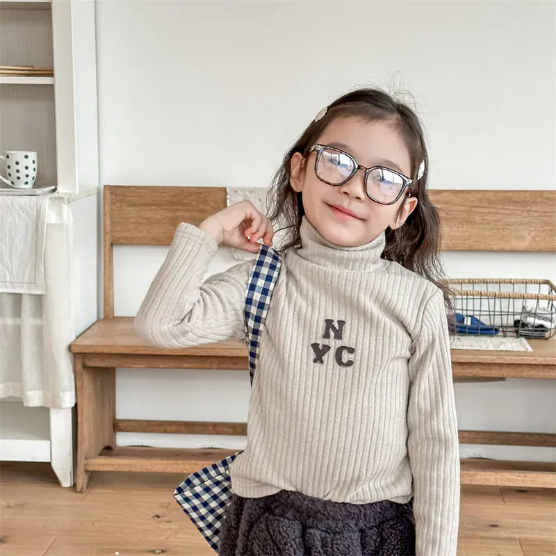 ニット・セーター apricot / 80cm キッズカットソー 刺繍ワンポイント リブニットセーター ハイネックTシャツ コーヒー アプリコット 2カラー ユニセックス 男の子 女の子 子供服