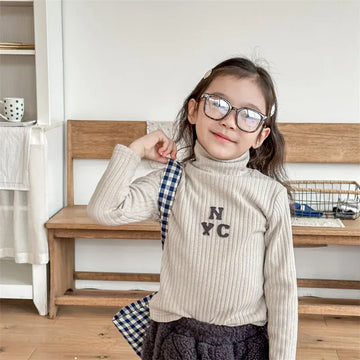 ニット・セーター apricot / 80cm キッズカットソー 刺繍ワンポイント リブニットセーター ハイネックTシャツ コーヒー アプリコット 2カラー ユニセックス 男の子 女の子 子供服