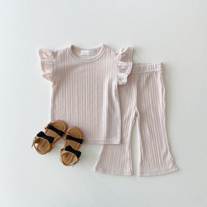 半袖セットアップ Apricot / 80cm キッズ セットアップ 半袖 フリルスリーブ Tシャツ フレア ロングパンツ ガールズ 6535B