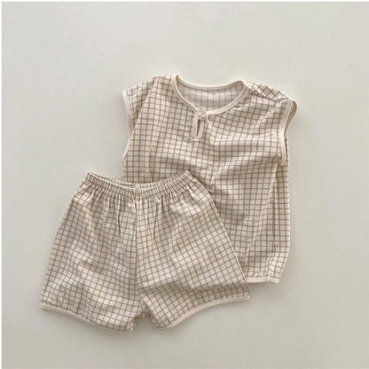 ノースリーブセットアップ Apricot / 80cm キッズ チェック セットアップ ノースリーブ Tシャツ ショートパンツ ボーイズ 6625